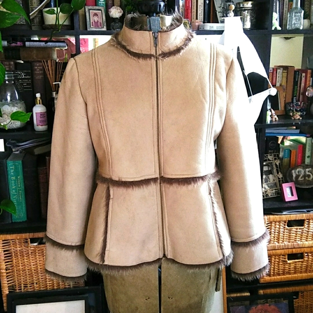 EUC- Vegan suede and fur lined moto jacket Sz PL